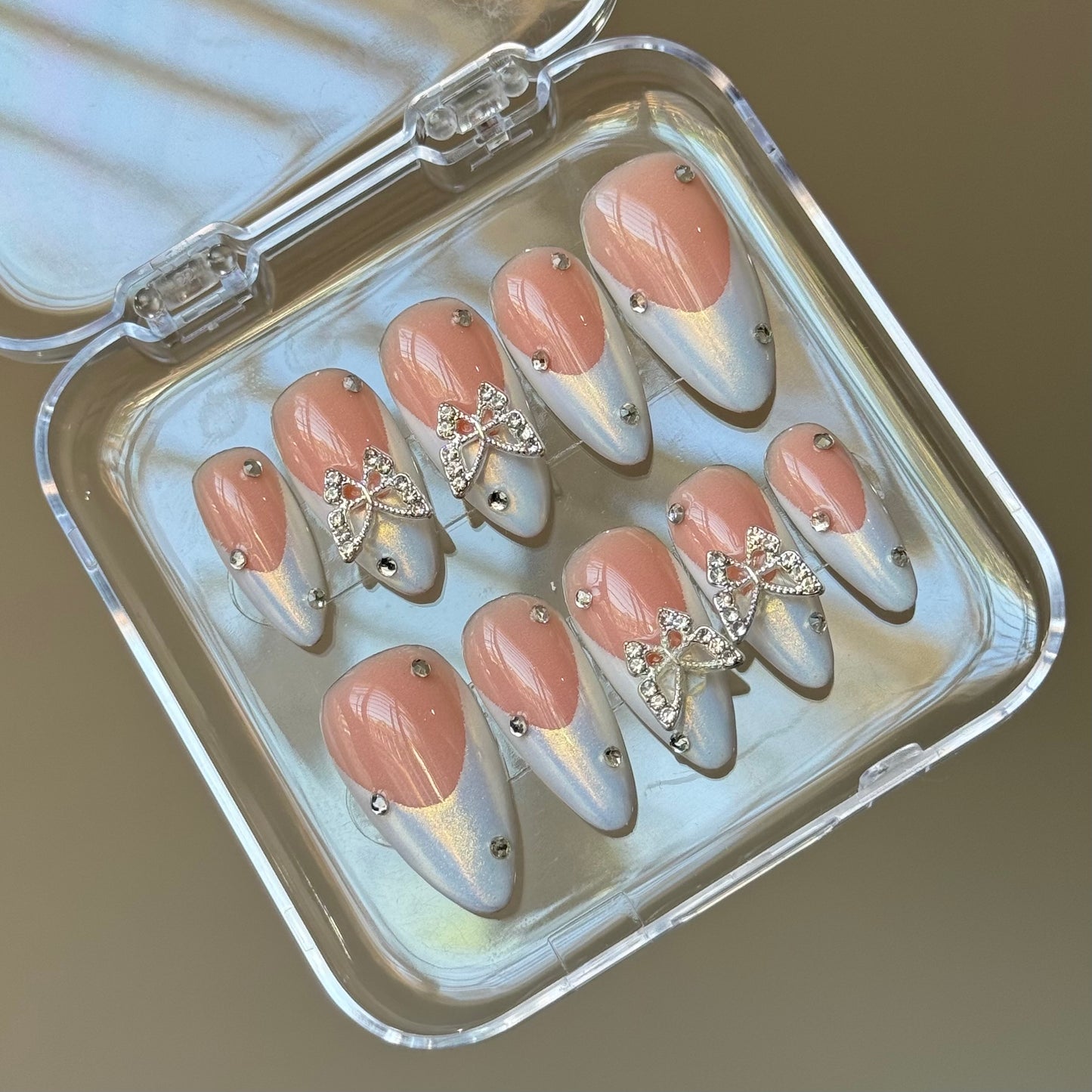 Chrome french with diamonds and butterflies