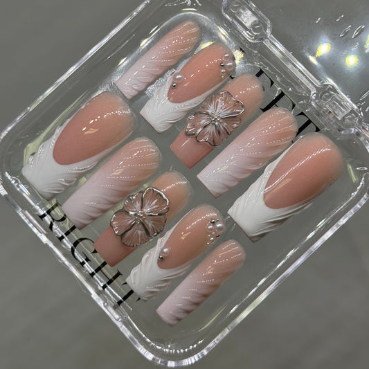 Nude set with white, silver and 3D flower detailing